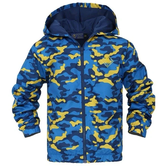 Cub Scout BSA Scouting Blue Gold Camo Hooded Windbreaker Jacket Coat Youth Sz L - Picture 1 of 14